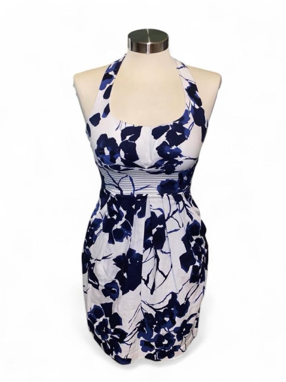 B. Smart Navy and White Floral Halter Mini Dress